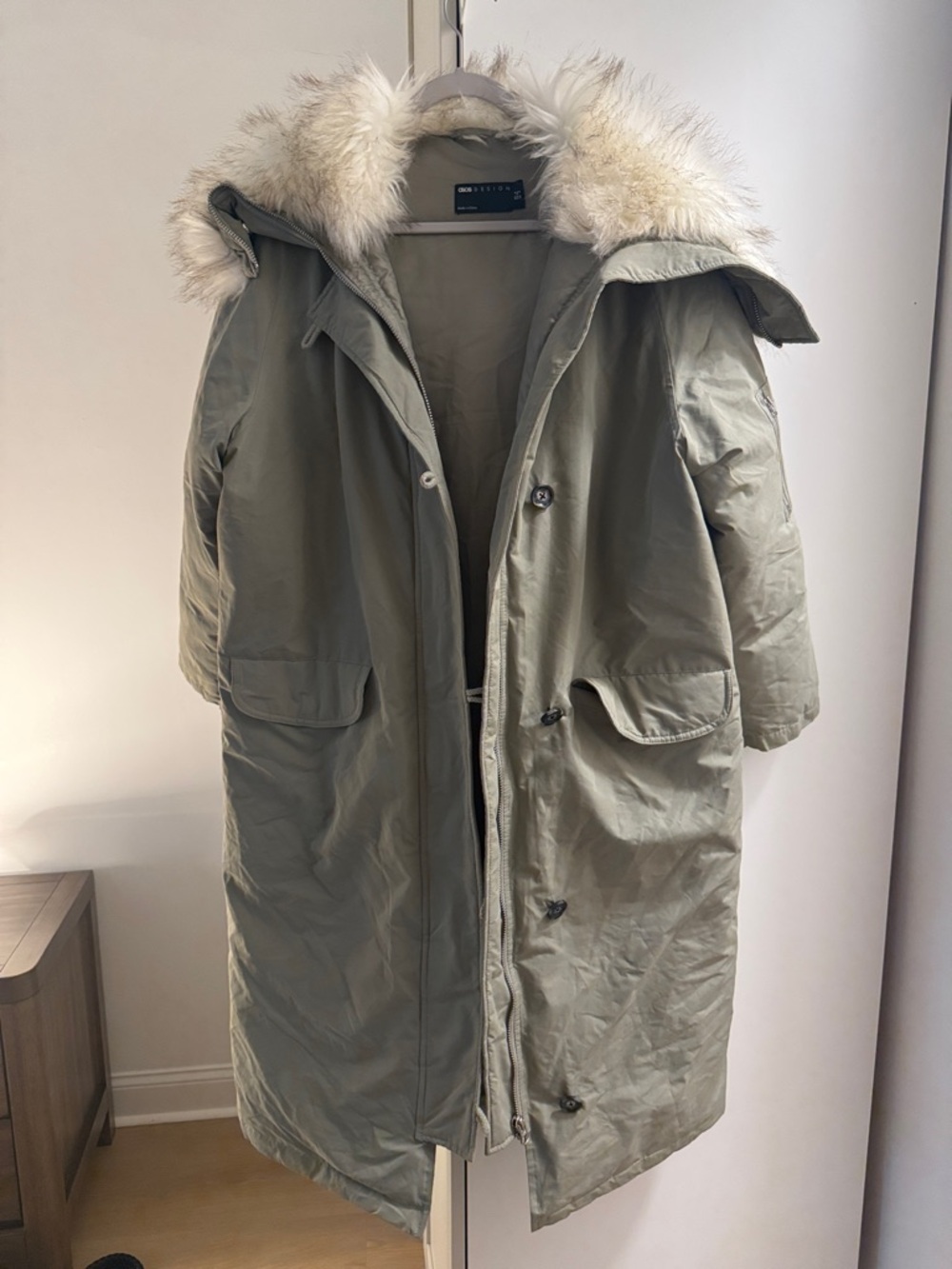 Asos Design Olive Green Parka with Faux Fur Trim Size 4